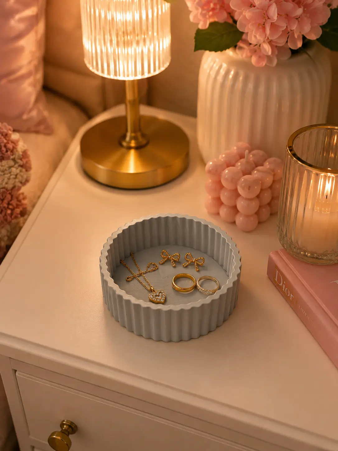Minimalist Small Round Ribbed Jewelry Tray, Decorative Ring Dish, Vanity & Nightstand Organizer