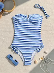 Special Fabric One-Piece Swimsuit with Removable Shoulder Straps, V-Neck Design, Perfect for Beach Vacation and Pool, Stretchy Swimwear