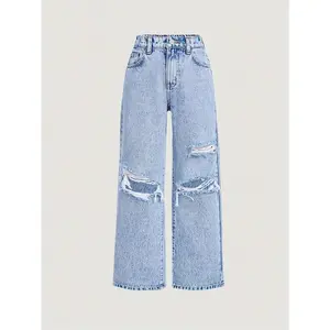 Girl Jeans Fashion Snowflake Washed Hole Design Wide Leg Jeans Can be used with raincoat