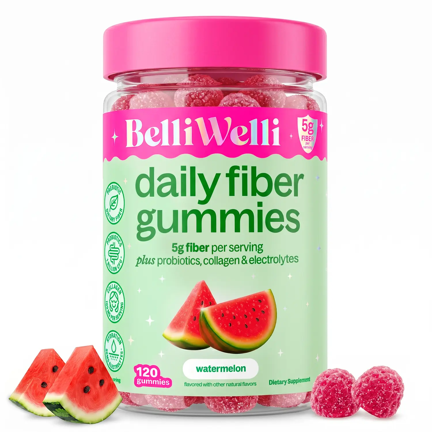 BelliWelli 4-in-1 Fiber Cutting Gummies 120ct - 5g Fiber per Serving with Probiotics & Collagen for Digestion Regularity & Constipation Support Digestive Wellness