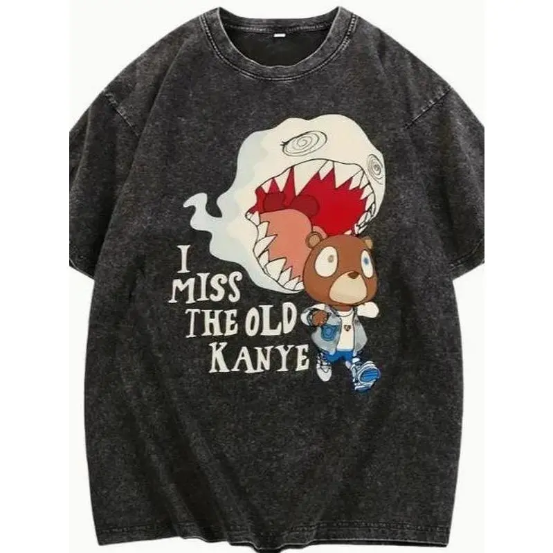 Men's Washed Vintage Soft Cotton Short-Sleeve Loose-Fit T-Shirt - Custom "I Miss Old Kanye" Print, Cartoon Bear Pattern, Urban Streetwear, Machine Washable, Party-Ready Tee, All-Season Tops