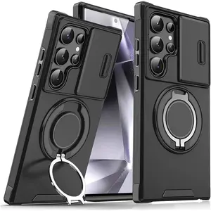 for Samsung Galaxy S22 Ultra 5G Case, Slide Camera Cover & Rotated Ring Kickstand, Shockproof Protective Phone Cover, Case for Samsung Galaxy S22 Ultra Black