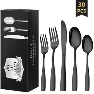 30 Piece Black Set for 6, Stainless Steel Flatware Set,Mirror Polished Cutlery Utensil Set,Durable Home Kitchen Eating Tableware Set, Fork Knife Spoon Set,Dishwasher Safe
