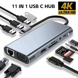 11-In-1 USB-C HUB Docking Station, Multi Port Type C Adapter, Triple Display Output, 100w PD Fast Charging, Ethernet Port, 3 USB Ports, SD/TF Card Reader, Audio/mic Support, USB C Interface