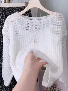 Women's Crochet Knit Top, Long Sleeve Hollow Out Transparent Breathable Sweater, Sexy One Shoulder Loose Grid Pullover Beach Cover-Up Boho