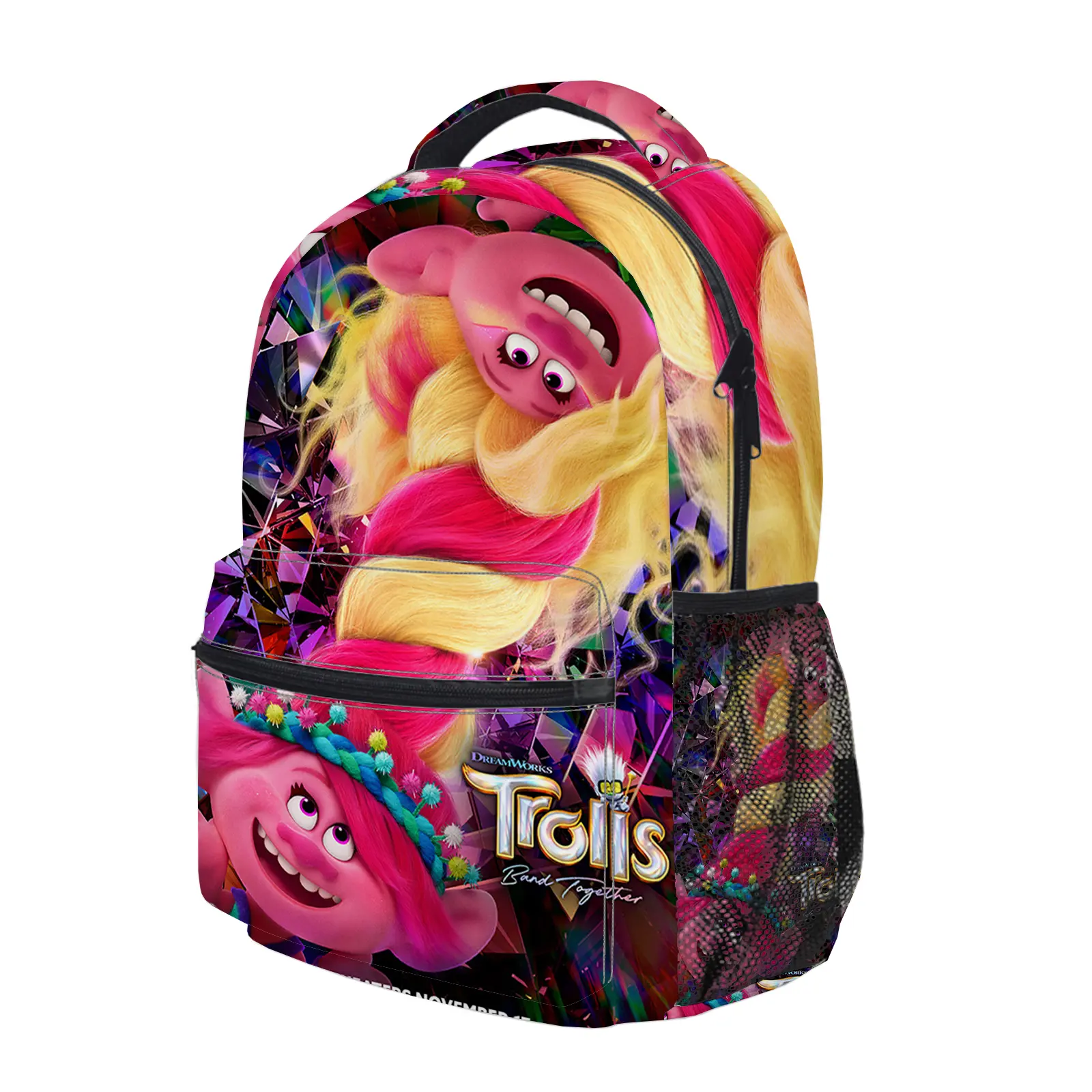 Trolls World Tour Backpack, Cute Y2K Fashion School Bag for Girls and Teens, Durable Cartoon Printed Bookbag with Mesh Side Pockets, Lightweight Travel Daypack for Back to School c-260