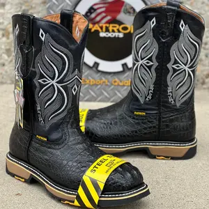 Square Toe Steel Toe Horn Back Crocodile Slip On Boot  Black