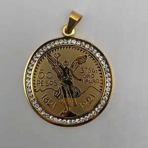NEW CENTENARIO  double face Stainless steel gold color clear stone's PENDANT ONLY see the measurements in the pictures