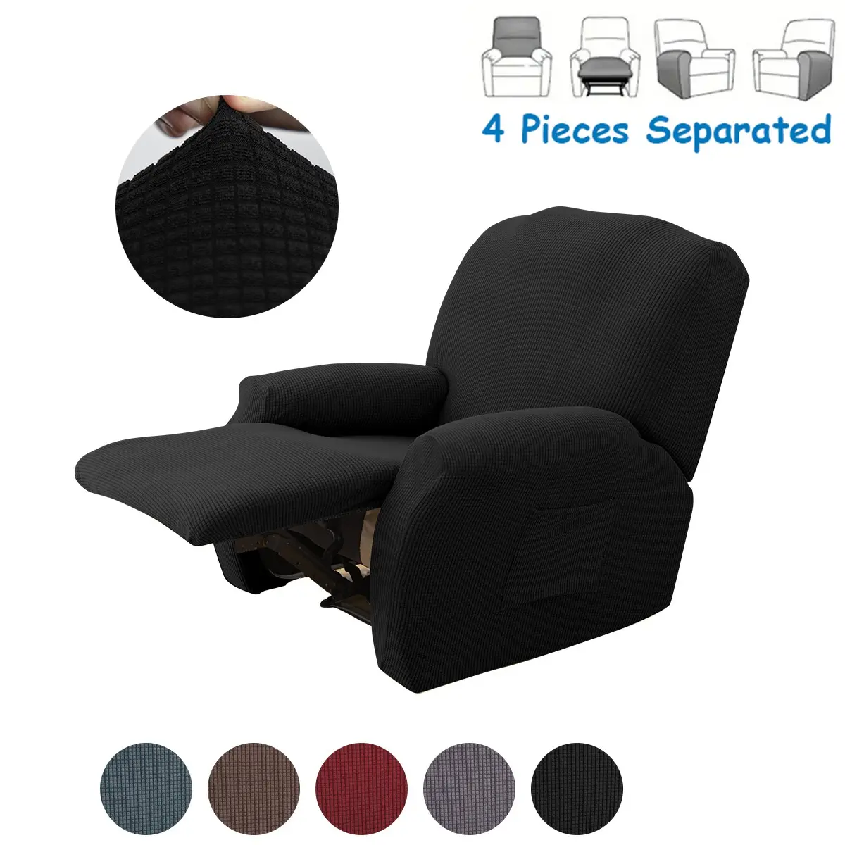 4 Piece Stretch Recliner Chair Covers, Soft Fabric Elastic Furniture Protector, Dustproof Chair Protector for Electric/mechanical Recliners, Washable Furniture Protectors, Multiple Colors Available