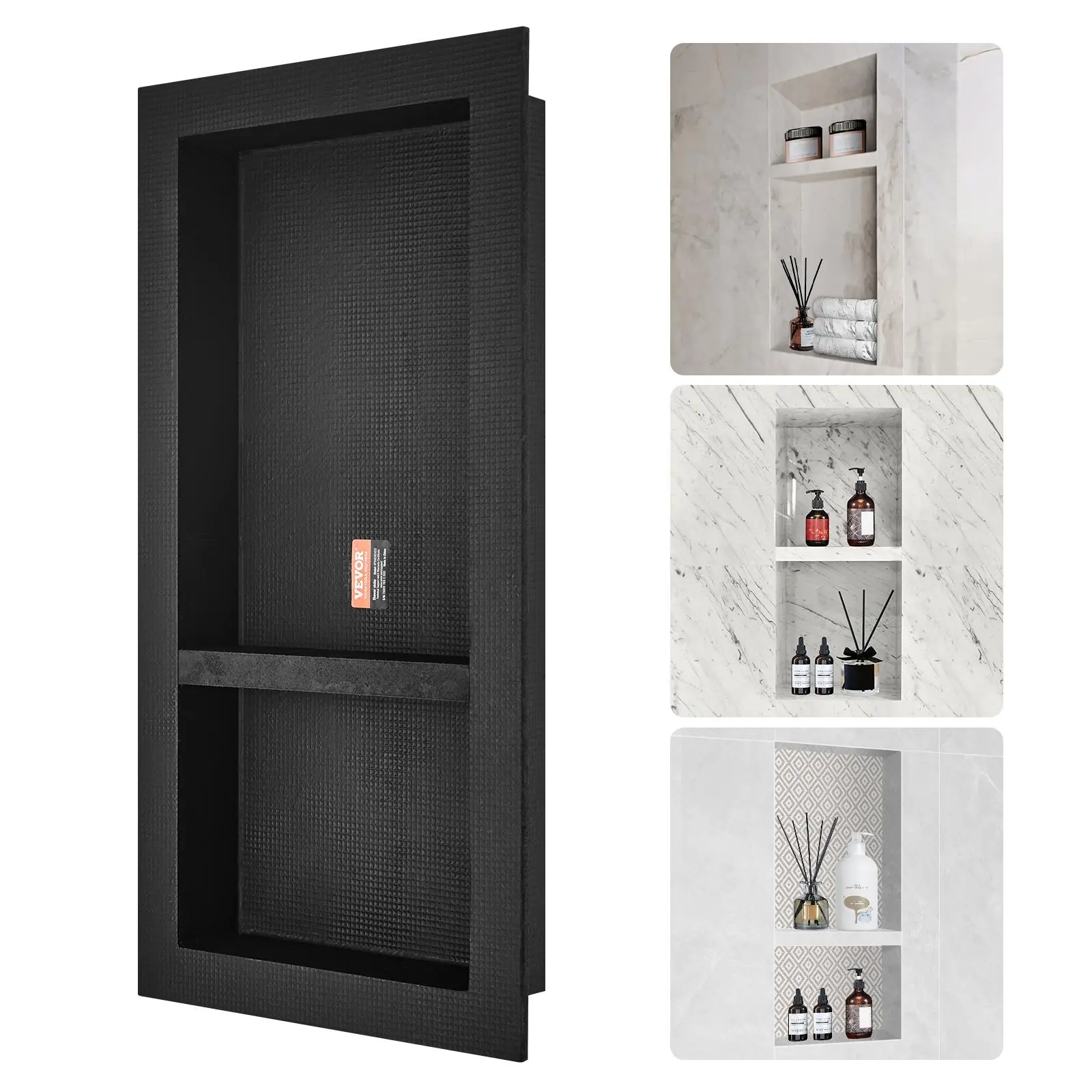 【summerfinds】VEVOR Shower Niche Ready for Tile 40.64 x 81.28 cm, Double Shelf Organizer, Square Corners Wall-inserted Niche Recessed, Sealed Protection Modern Soap Storage Niche for Shower Bathroom, Black