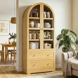 LIKIMIO 71" Tall Arched Kitchen Pantry Cabinet with Glass Doors, Farmhouse Storage Cabinet with 2 Large Drawers & Adjustable Shelves, Versatile Cupboard for Dining Room, Living Room, Bathroom