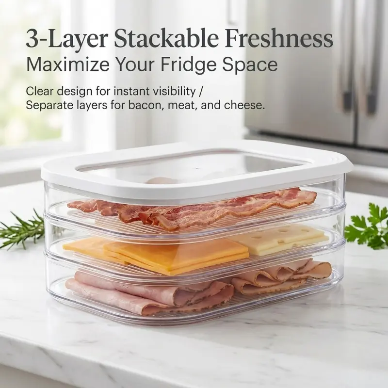 3-Layer Stackable Fridge Organizer, Clear Airtight Kitchen Food Storage Container for Bacon, Cheese & Deli Meats, Odor-Free Design to Prevent Flavor Mixing, Fridge Organization