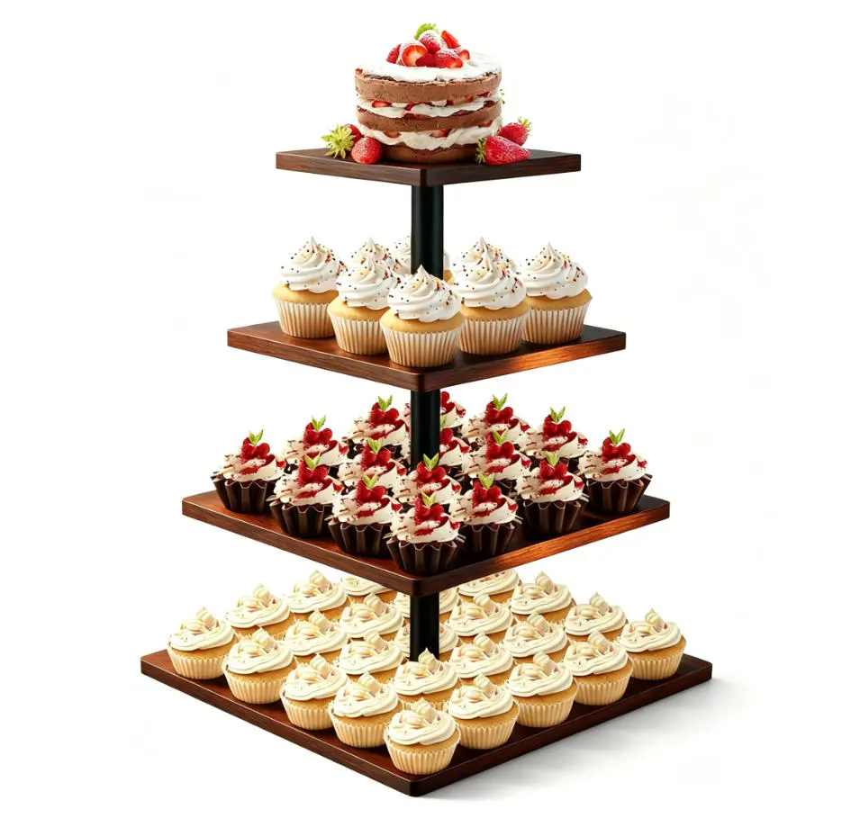 4 Tier Cupcake Stand, 360 Rotating Cupcake Stand for 50 Cupcakes, Square Tiered Cup Cake Tower Holder, Wooden Dessert Display Stands for Party Wedding Graduation Birthday Baby Shower
