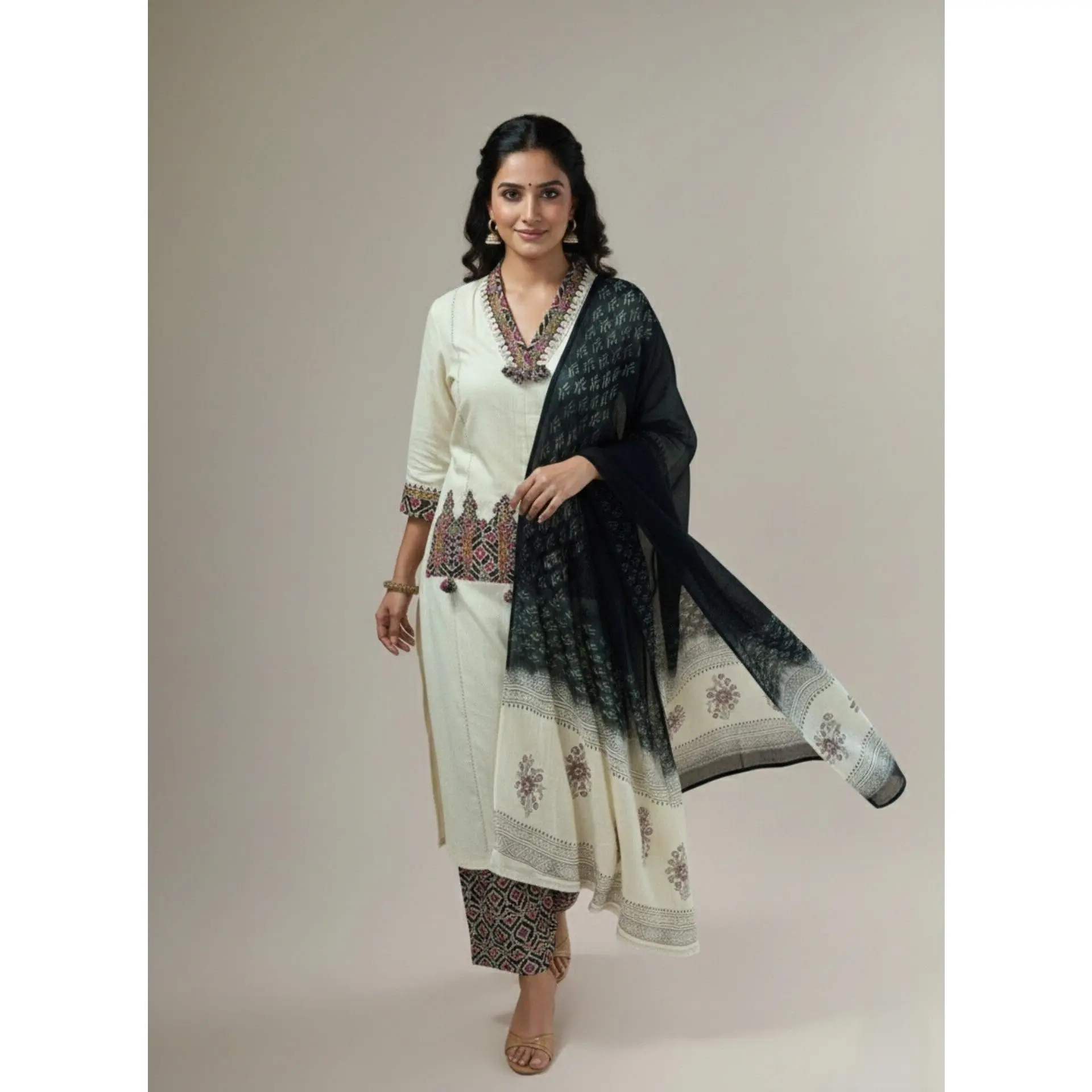 Women's Creme Cotton Ethnic Salwar Kameez Dress - V-Neck, Sleeve, Below Knee Length, 2X Large (44), Everyday Casual Bottom-Included Outfit, As Per the Image