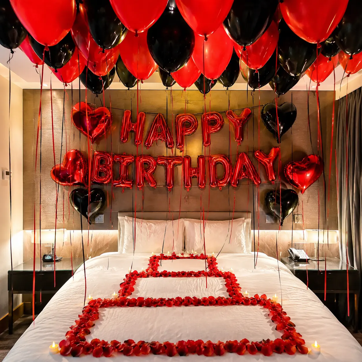 37PCS Red Black Birthday Balloons Set with 200pcs Petals, Happy Birthday Foil Balloons, Red Black Heart Balloons, Latex Balloons & Glue Dots for Men Women Adult Birthday Room Decor