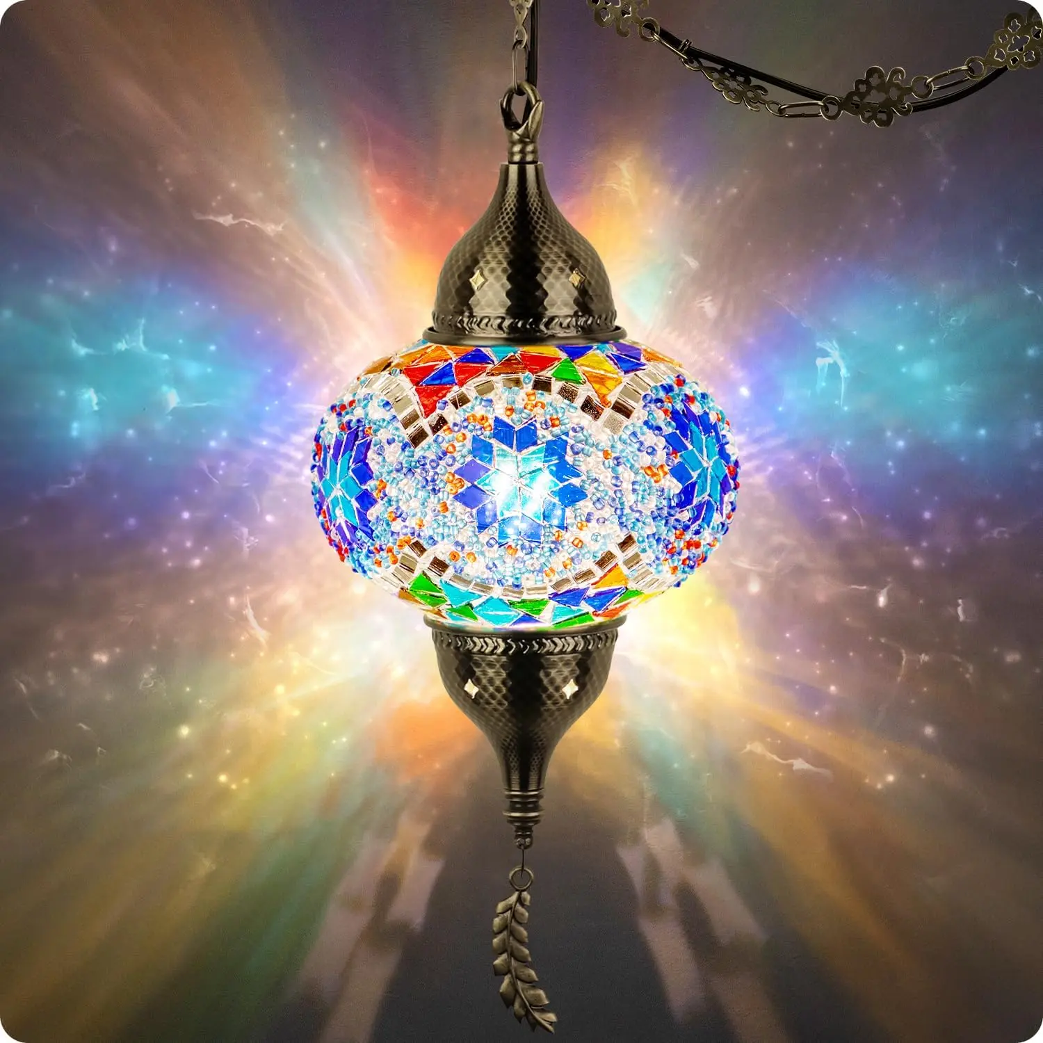 Yarra-Decor Turkish Moroccan Pendant Hanging Light with 15feet Cord Tiffany Style Mosaic Ceiling Lamp for Bedroom Blue Crystal North American Plug Decorative Lighting Home Lighting Led Lighted Easter gifts Aurora Projector Lamp Bedside Lamp tiktokshopspri
