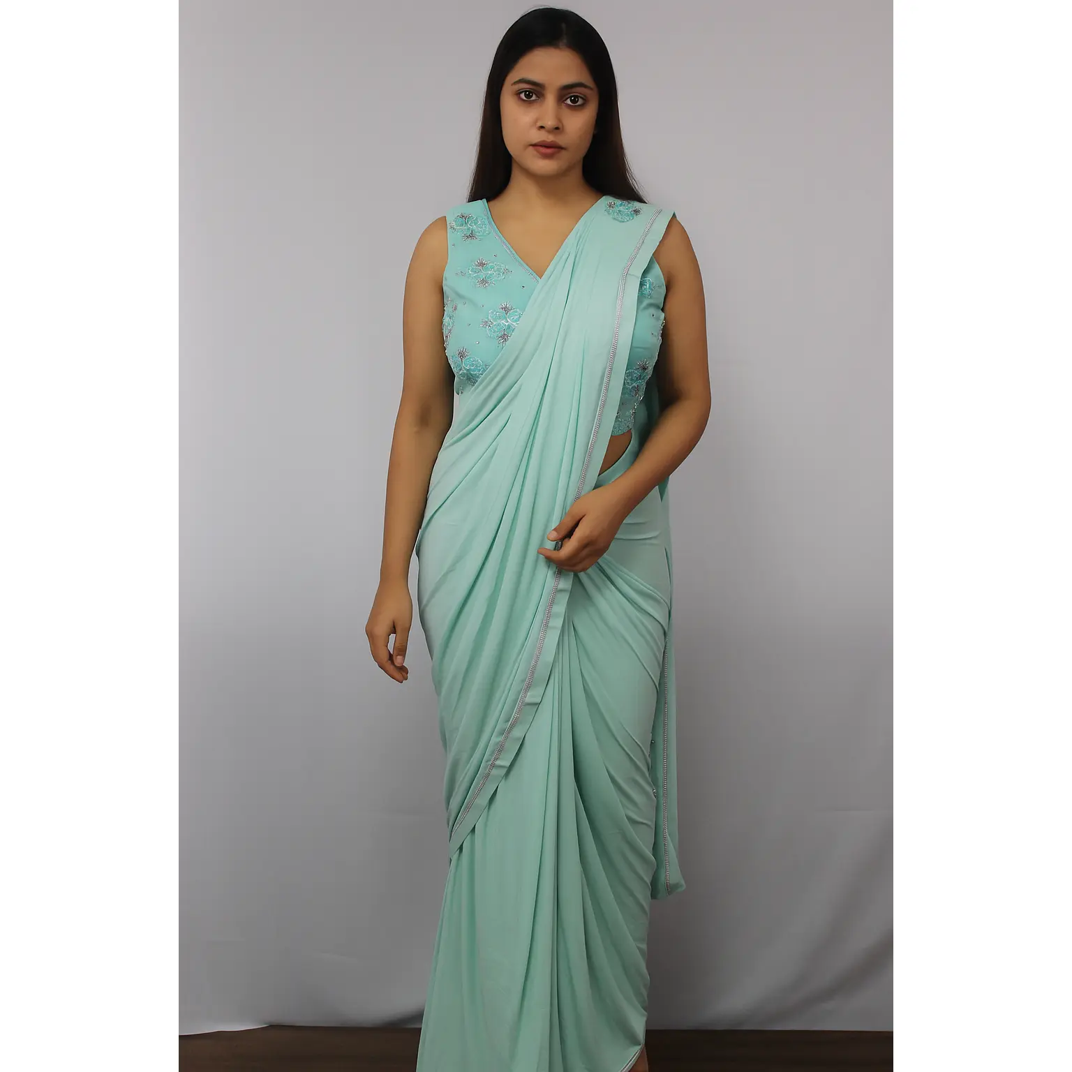 Simple Ready to Wear Saree with Hand Embroidered Blouse in Aqua