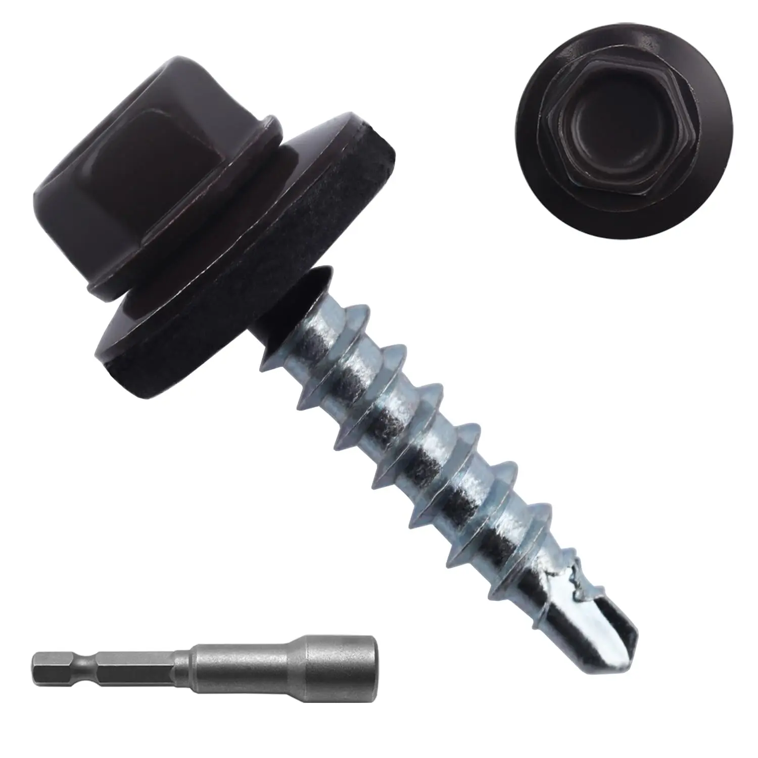 300 count #10 x 1 Brown Hex  Self-Drilling Metal Roofing Screws, EPDM Washer, Colored ,  Screws, Sheet Metal Roof Screw with Hex Driver Bit