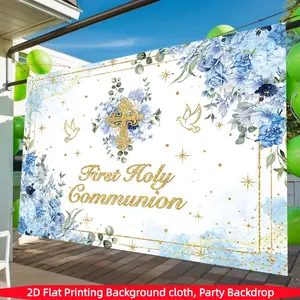 Blue floral first communion photography background cloth, made of polyester material,suitable for photo booths,parties,birthdays, celebrations, as well as indoor and outdoor home birthday party decoration, home decoration, room decoration, wall decoration