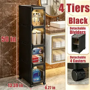 Slimline Storage Cabinet Clear Visible Door Magnetic Closure Foldable No Assembly Swivel Wheels Compact Space Saver Organizer