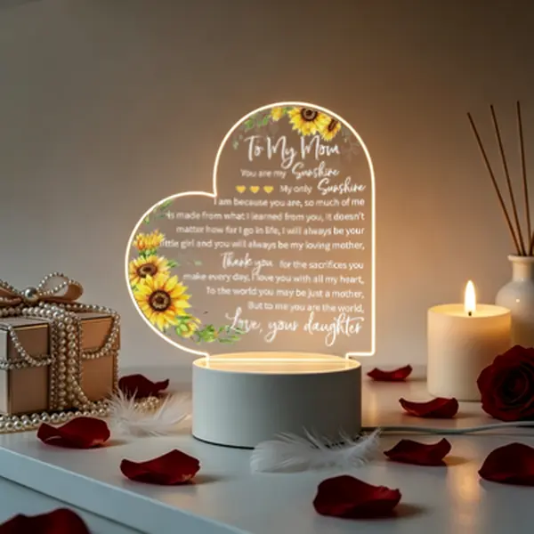 Custom Engraved Sunflower Heart Acrylic LED Heart Shape Light - USB Powered Soft Glow Decorative Atmosphere Lamp, Indoor Custom Engraved Bedside Light for Bedroom Side Table, Mother’s Day Romantic Gift for Women