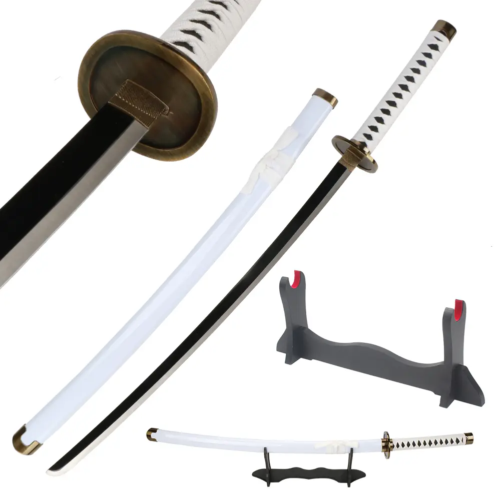 ELERVINO Unisex Real Stainless Steel Roronoa Zoro Anime Cosplay Sword Wado Ichimonji - 41in with Wooden Holder Stand, Adults' Role-Playing Prop for Collection, Decoration (Plastic-Free Construction Note: Core Blade is Stainless Steel), Metal, Katana Sword