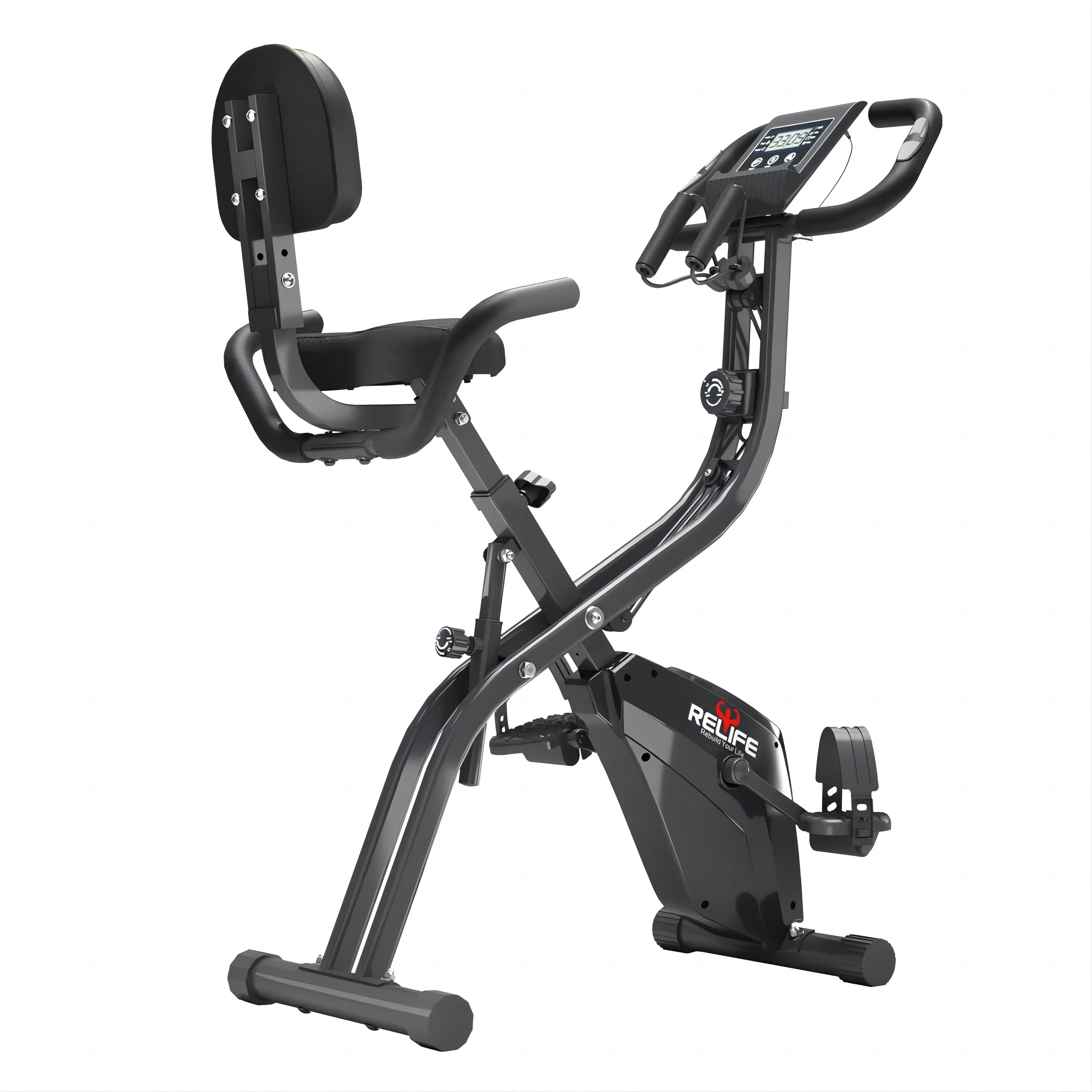 RELIFESPORTS 3-in-1 Folding Workout Machine - Indoor Stationary Bike with 10-Level Magnetic Resistance, Adjustable Pedals, Resistance Bands & LCD Monitor for Home Gym Training
