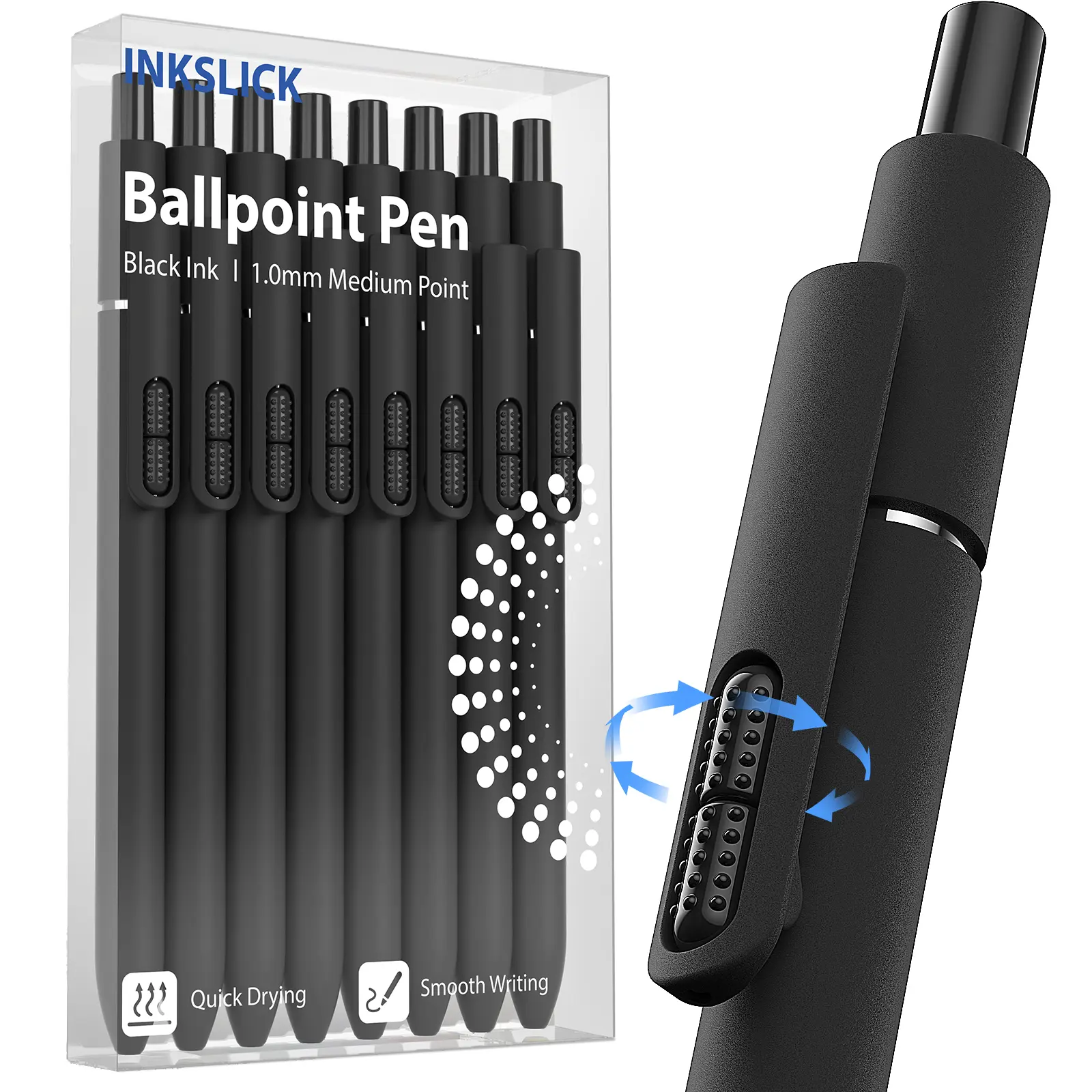 8 Pack Solid Black Retractable Ballpoint Pens, 1.0mm Medium Point, Ultra Smooth Black Ink, Durable Fidget Spinning Pens for School, Office, Journaling & Daily Use