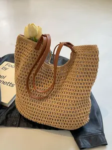 2026 Spring/Summer Large-Capacity Woven Bag for Girls, Travel Season Beach Vacation Tote, Portable Shoulder Hollow-Out Tote Bag, Casual Tote Bag