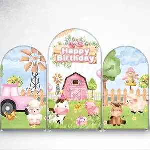 15-day 2D Flat Delivery Pink Farm Animals Arch Backdrop Cover Happy Birthday Party Decor for Kids Barnyard Theme Photo Booth