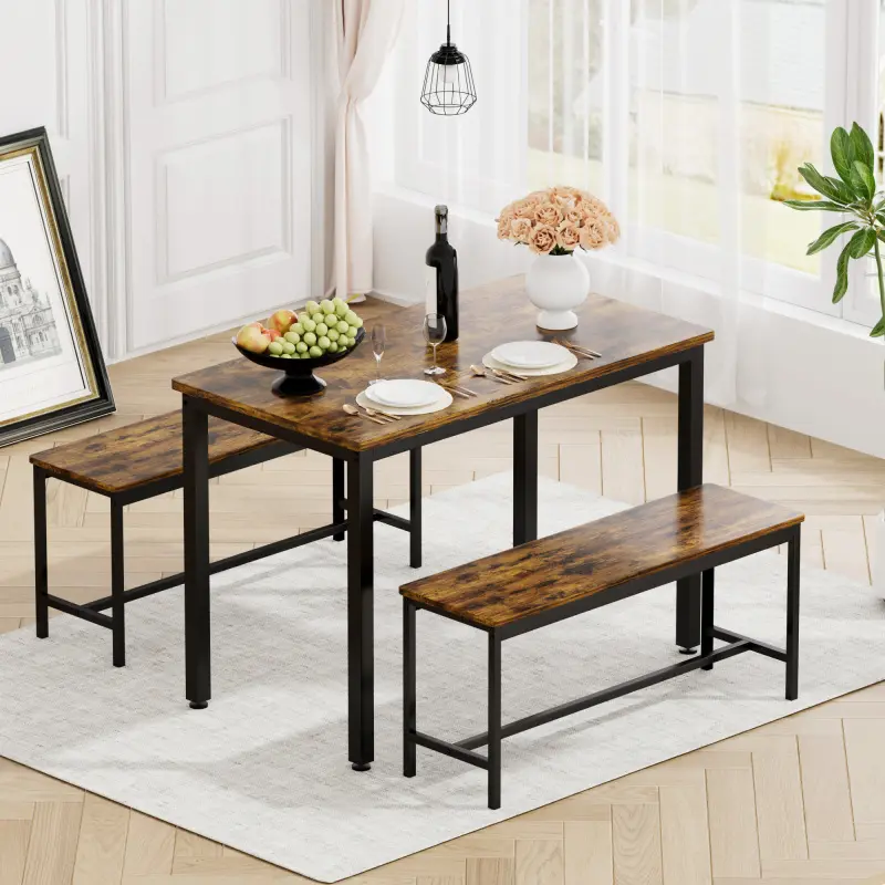 Dining Room Table Set with 2 Benches, Farmhouse Dining Table Set for 4-6, Wood Breakfast Table Set Dinner Table Set Kitchen Table and Chairs for Breakfast Nook Small Spaces, Brown