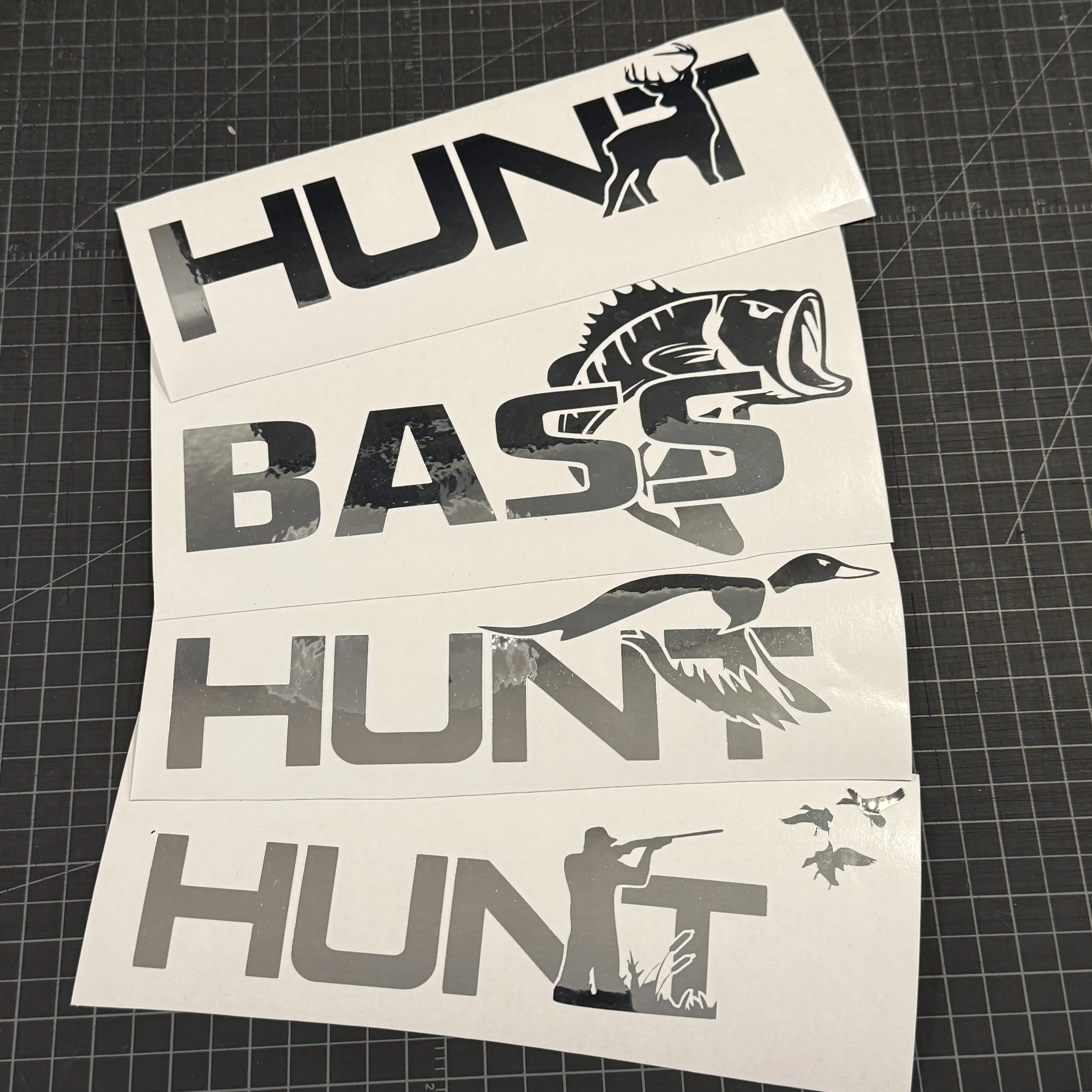 HUNT or BASS Outdoor Decals With Bass, Buck, Duck, Or Duck Blind 10 Inch Wide