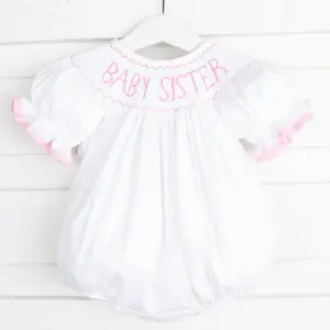 Baby Sister Smocked White Bubble with Pink - New Baby Portrait Outfit for Little Sister