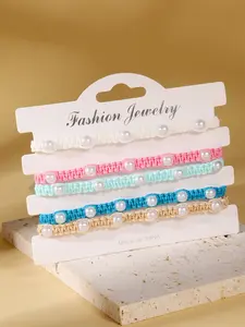 5pcs Dainty Pearl Woven Bracelet Stack, Colorful Adjustable Macrame Bracelets, Boho Casual Daily Jewelry, Trendy Accessory Set