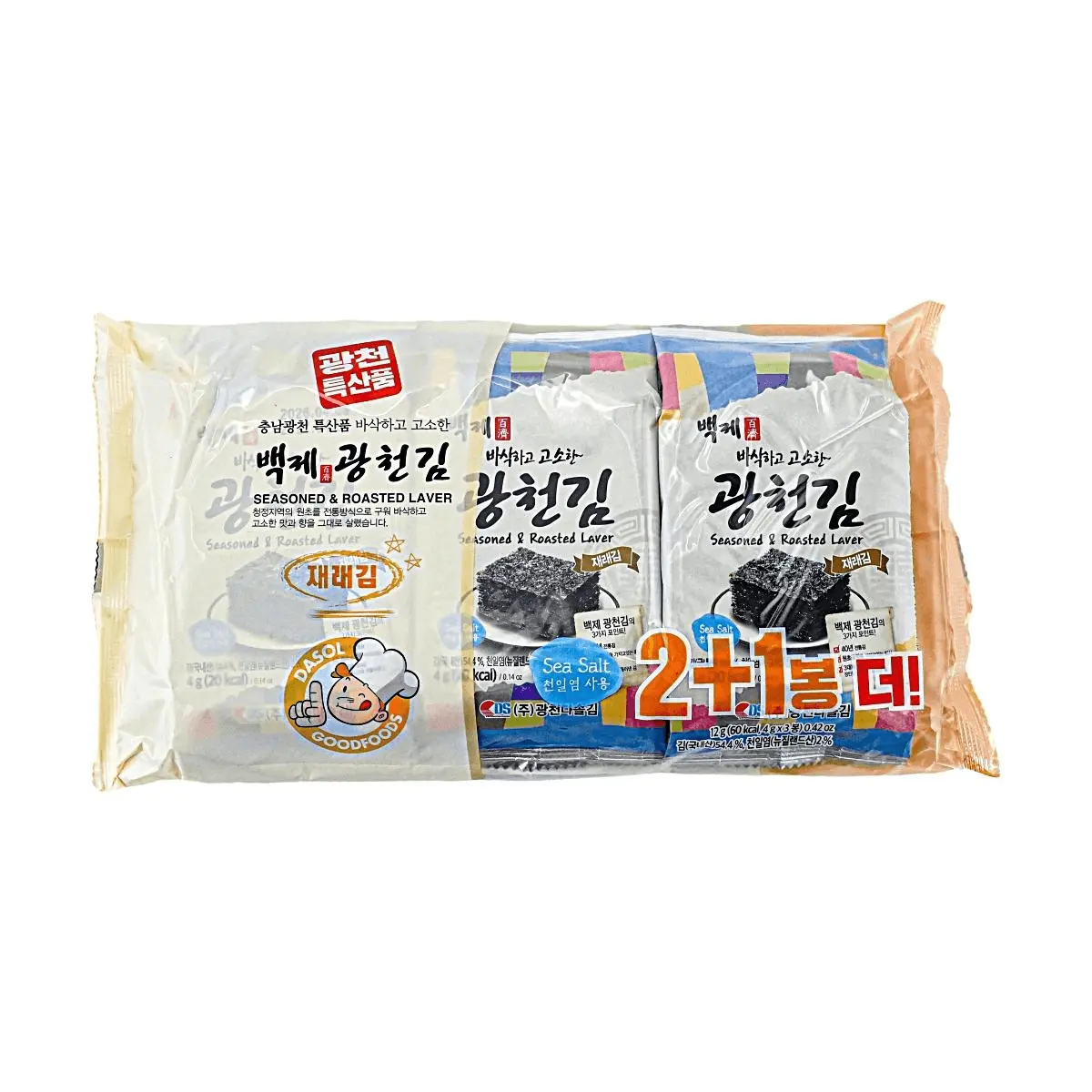 4 Pack BAKJAE Korean Gwangcheon Seasoned Seaweed 0.42 oz Each - Sea Salt Flavor, Triple Pack Set