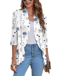 ZEAGOO Women's Open Front Cardigan 3/4 Sleeve Draped Ruffles Soft Knit Sweaters S-3XL