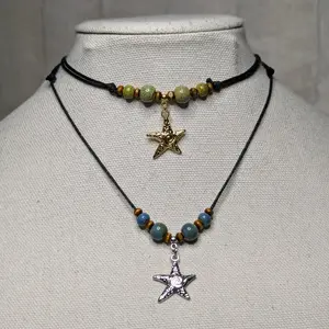 Starfish Swirl Charm Ceramic Beaded Silver or Gold Boho Hippie Whimsical Adjustable Black Rope Cord Choker Stacking Necklace