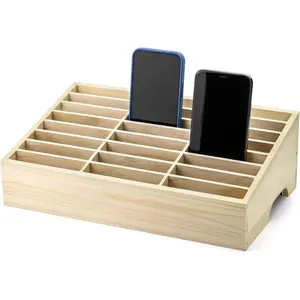 Wooden Cell Phones Storage Box 24-Grid, Desktop Mobile Phone Holder Management Storage Box Organizer, Multi Cell Phone Rack Display