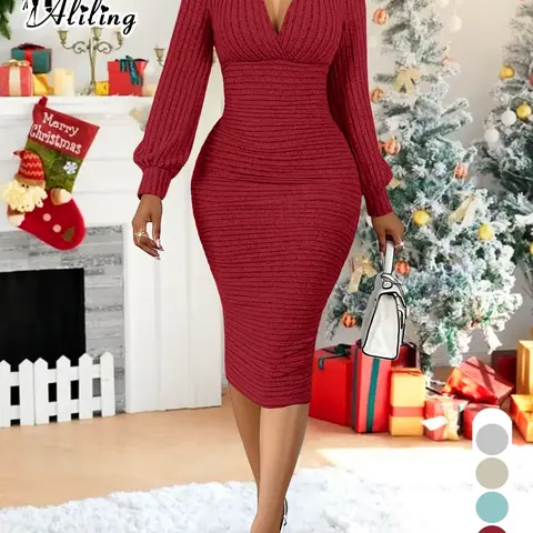 Aliling Elegant Chic Slim-Fitting Long Sleeve Midi Casual Knitted Dress with V Neck, Spring & Fall Women's Fashion, Womenswear, Lady, Stylish Waist-Tie Soft Knit Fabric Dress for Casual Occasions