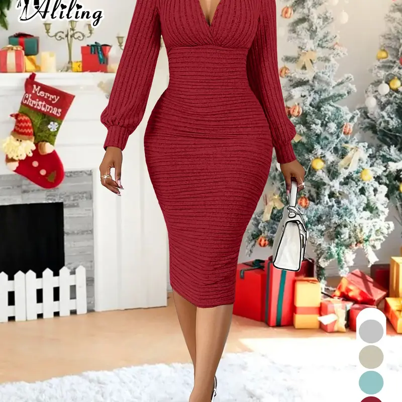 Aliling Elegant Chic Slim-Fitting Long Sleeve Midi Casual Knitted Dress with V Neck, Spring & Fall Women's Fashion, Womenswear, Lady, Stylish Waist-Tie Soft Knit Fabric Dress for Casual Occasions