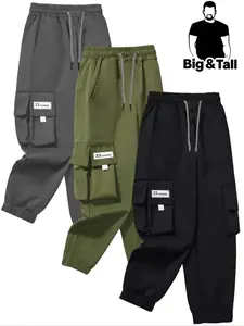 [Plus Size] Plain Letter Patched Drawstring Waist Cargo Pants, Casual Pocket Trousers for Daily Wear, Men's Bottoms for All Seasons, Activewear, Casual Comfy Trousers, Athletic, Casual Streetwear Trousers