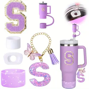 Water bottle Straw cap, silicone straw top Accessories set of 6 pieces for 30 oz 40 oz water bottle with handle, including straw top and boot, spill stopper, handle pendant, initial sticker cup accessory, Christmas gift, Halloween gift Cover Drinkware sum