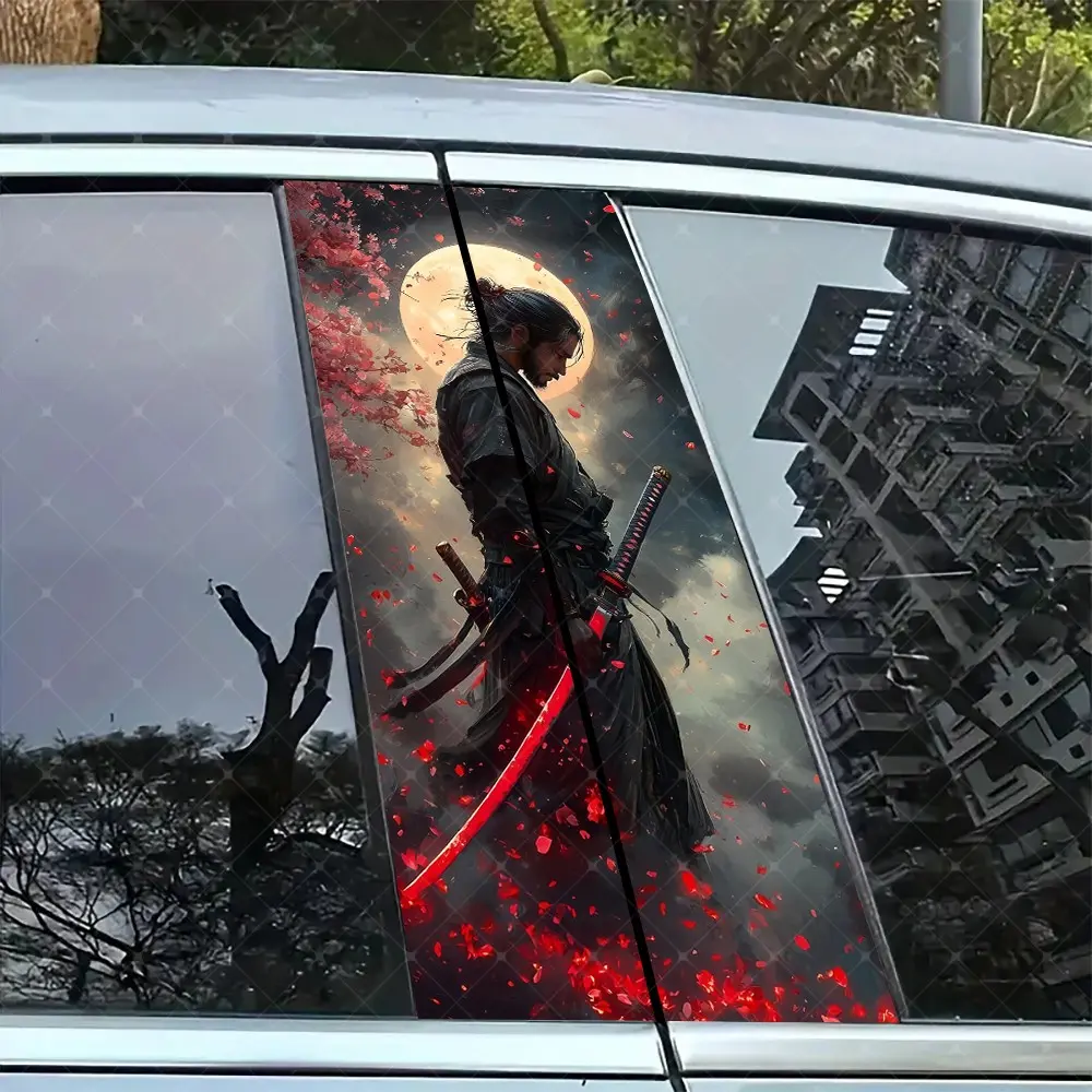 2pc Sakura Samurai Car B-Pillar Protection Sticker, Easy Peel & Stick, Sunproof Waterproof Scratch-Resistant, Fits All Cars, Car Exterior Decoration, Rear Side Decal, Side Decals, Car Decorations, Automotive Decals