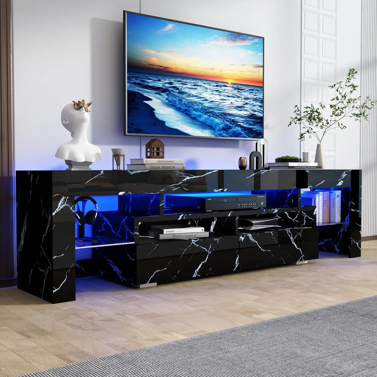 70in LED TV Stand for 75/80 inch TV, High Glossy Modern Entertainment Center with Drawer and Open Shelf, Television Table Center Media Console for Living Room, White/Black/Marble Black