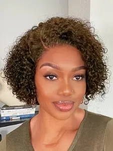 Deep Wave Wig Human Hair Kinky Curly Wig 4x4 Glueless Side Part Pixie Curly Lace Front Wig, 8 inch Short Curly Bob Wigs For Women Pre Plucked With Baby Hair