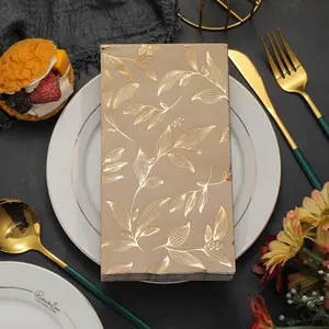 100pcs of Napkins Featuring Golden Leaves And Black Printed Leaf Patterns, 2-Ply, Measuring 13X15.75 Inches - Perfect for Wedding, Birthday, And Garden Party Decorations, Suitable for Easter, Hanukkah, Thanksgiving, Father'S Day, And Mother'S Day