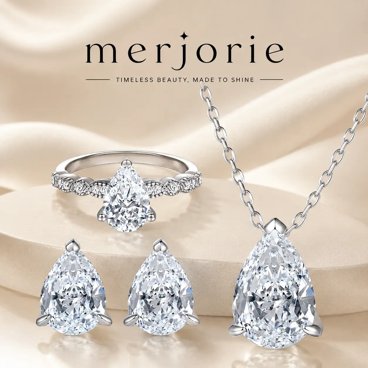 S925 Sterling Silver 3-Piece Fine Jewelry Set - Pear-Shaped Cut Solitaire Ring, Stud Earrings, Heart Prong Pendant Necklace, Sparkling Daily Wedding Gift for Women