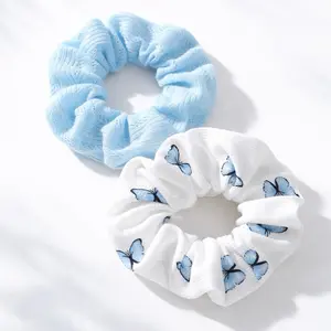 Soft Blue & White Butterfly Hair Scrunchies 2-pack - Comfortable and Stylish Hair Accessories for Everyday Use