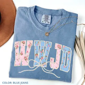 Comfort Colors WWJD Shirt, Faux Pearl Coquette Christian Tee, Girly Jesus Faith Top, Trendy Easter Spring Religious Shirt