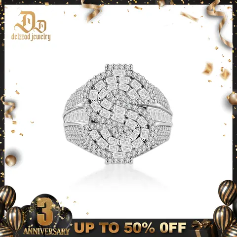 Delzzad 14K Gold-Plated 2.3ct Billionaire's Gaze Ring Iced Out Baguette USD Ring Band VVS Synthetic Moissanite Ring Jewelry Hip Hop Punk Rock Ring for Rapper Perfect Birthday Engagement Wedding Anniversary Christmas Easter Valentine's Day Gift
